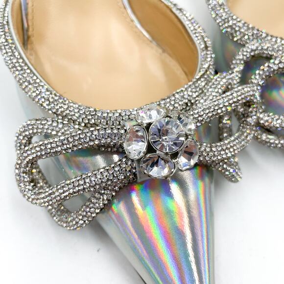 Mach & Mach Crystal Double Bow Mules Silver Iridescent Kitten Heel‎ Sz 37 / 7 - Picture 5 of 11